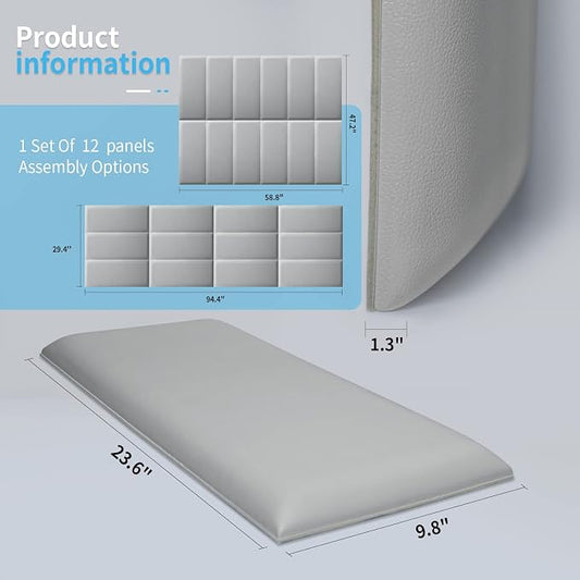 Art3d Peel and Stick Headboard for King, Full and Queen in Grey, Pack of 12 Wall Panels 3D Sized 9.84" x 23.62", Soundproof, Upholstered