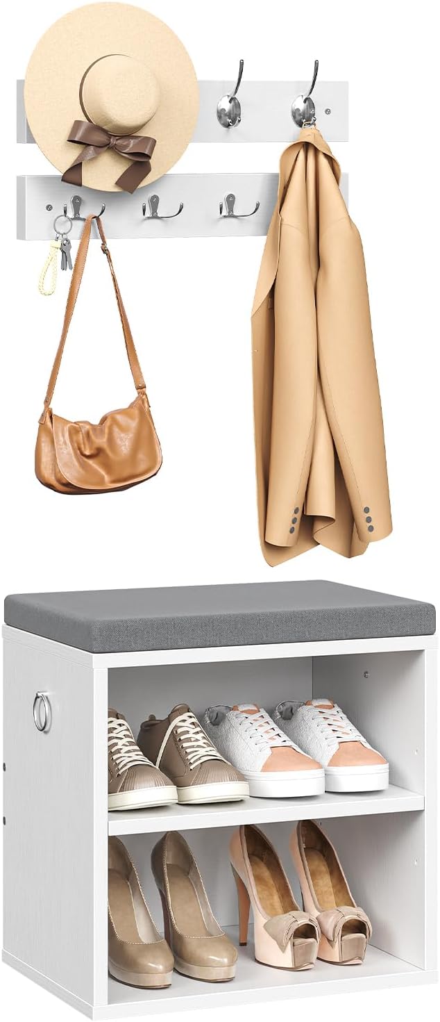 HOOBRO Shoe Storage Bench with Cushion, Entryway Bench with Coat Rack Set, Small Shoe Storage Organizer with Adjustable Shelf, for Narrow Hallway Foyer, Bedroom, White and Gray WG28HX01