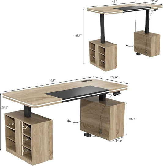 MOUMON 63" Executive Standing Desk with Storage Pedestals and LED Lights, Electric Height Adjustable Desk with Shelves and Built-in Outlets, for Home Office Oak and Black 63"W x 27.6"D x 29.4"-46.9"H