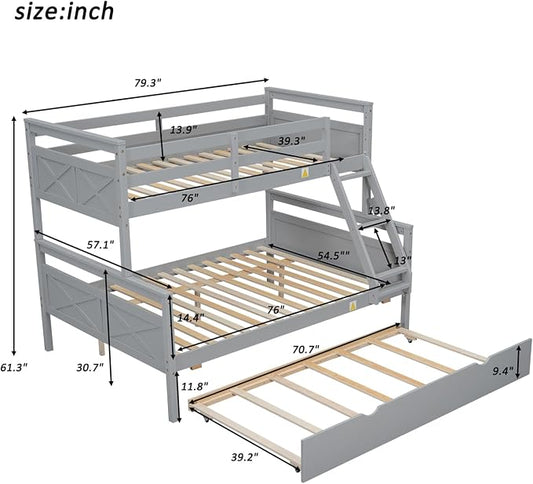 Merax Trundle Bunk Bed, Twin Over Full Wood Bunk Bed with Twin Size Trundle and Ladder, 3-in-1 Convertible to 2 Separate Beds, Solid Wood Frame with Guardrail, Grey