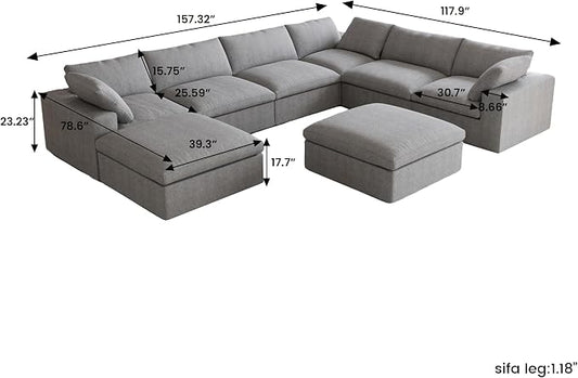 Cloud Modular Sectional Sofa,160" Oversized U Shaped Sofa Couch with Storage Ottoman,8 Seater Sofa Wide Deep Seat Couches,Sofa Covers Washable&Replaceable,Grey