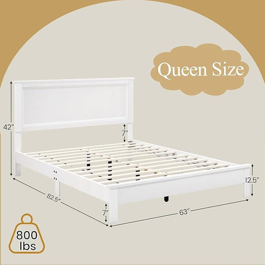 Wood Bed Frames with Headboard, Mid Century Bed Frame with Solid Wood Legs & Wooden Slat Support, Mattress Foundation Bed Base, No Box Spring Needed, (White, Queen (U.S. Standard))