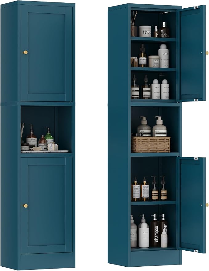 67" Tall Narrow Storage Cabinet with Doors and Open Shelf,Metal Pantry Cabinet,Shaker Style Slim Cabinet with Adjustable Shelves,for Bathroom Kitchen Laundry Small Spaces,Blue, 1Pc