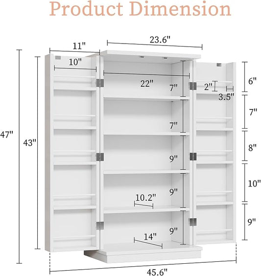 47in Kitchen Pantry Cabinet, Wood Kitchen Storage Pantry Cabinets Freestanding Pantries Cabinets with Doors & Adjustable Shelves, White