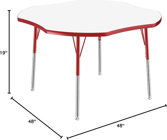 FDP Dry-Erase Clover Activity School and Office Table (48 x 48 inch), Standard Legs with Swivel Glides for Collaborative Spaces, Adjustable Height 19-30 inches - Whiteboard Top, Red Edge and Legs