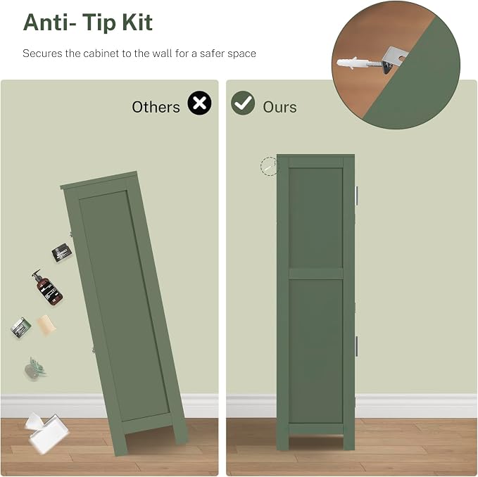 TEENFON Bathroom Floor Storage Cabinet with Adjustable Shelf, Freestanding Storage Cabinet with 4 Doors, Cupboard for Living Room, Home Office, Entryway, Forest Green