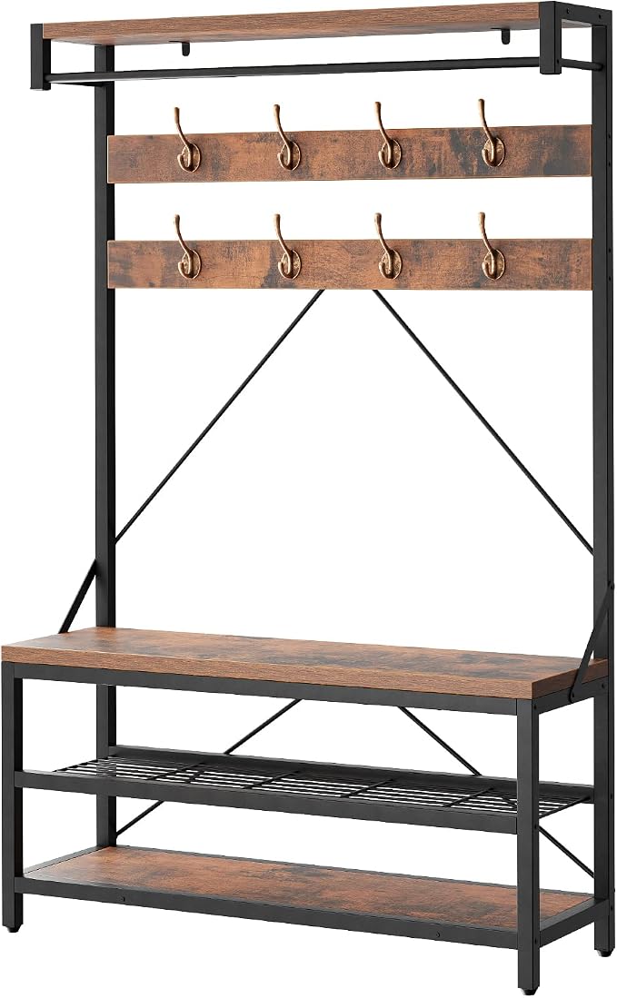Amyove Large Coat Rack Shoe Bench Hall Tree Shoe Rack for Entryway 3-Tier Storage Shelf and Hooks Removable Industrial Accent Furniture Metal Frame 39.9"x15.7"x72"