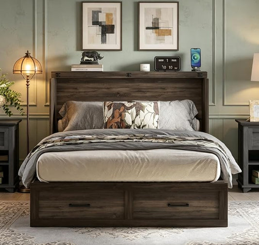 Bellemave Full Size Murphy Bed with Charging Station and Storage, Farmhouse Murphy bedframe with Foldable Panel, Noisy Free, for Guest Bedroom, Living Room, Office, Rustic Gray