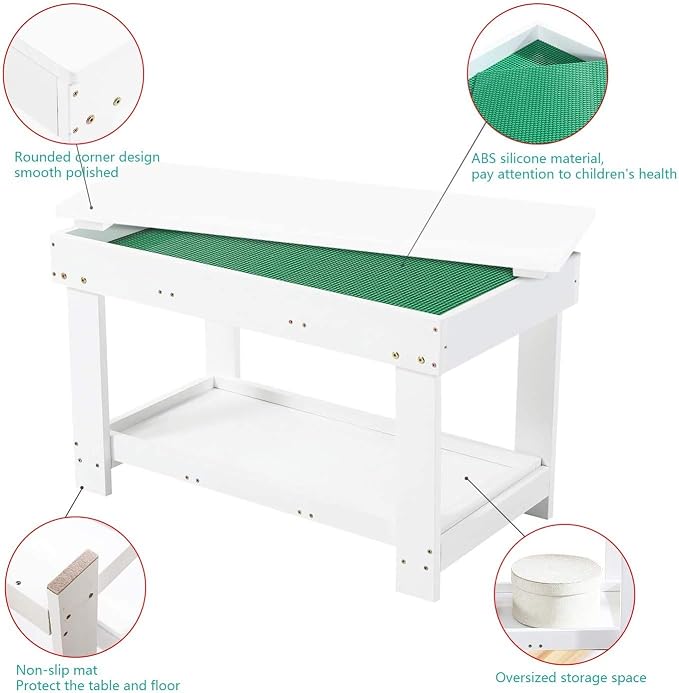 YouHi Kids Activity Table with Board and Storage for Bricks Activity Play Table (White Double Table)