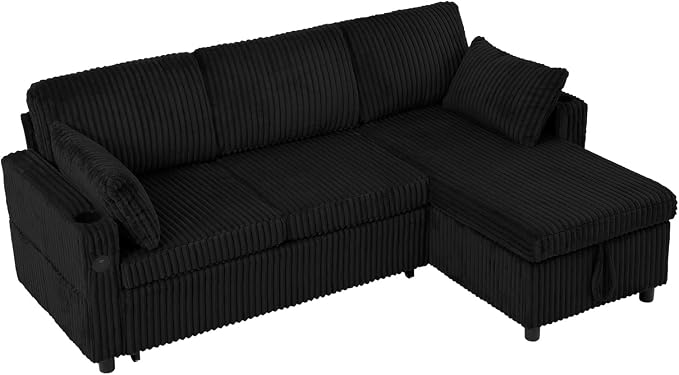 84" Corduroy Upholstered Sofa Bed w/Adjustable Backrests, Convertible Pull Out Sofa Bed w/USB Ports, L-Shape Sectional Sleeper Couch w/Cup Holder for Living Room,Apartment, Black