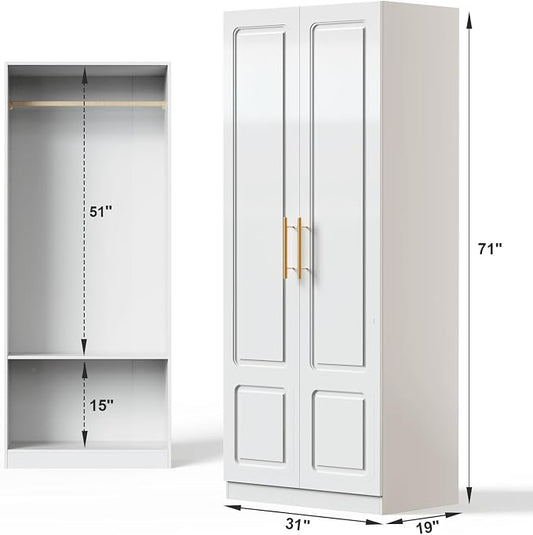 Double Door White Armoire with Hanging Rod – 71" H x 31" W x 19" D, Modern Freestanding Wardrobe Closet for Bedroom, Sturdy Metal Handles