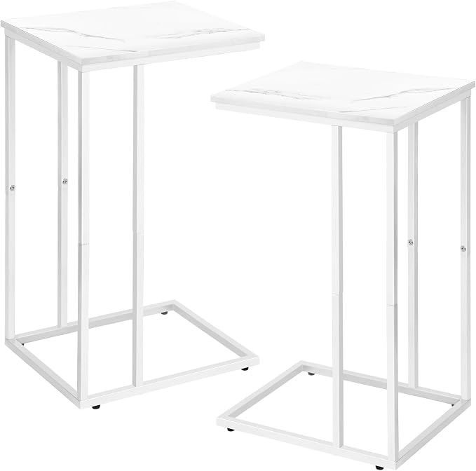 Possile C Shaped End Table Set of 2 for Sofa and Bed, Slide Under Couch Tables, Side Table With Faux Marble Top, Small Under Table Tray for Living Room, Bedroom, White