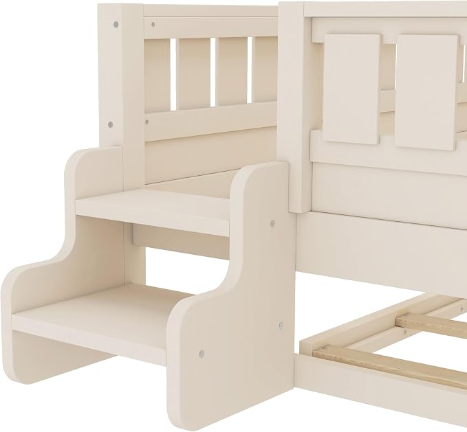 Bellemave Full Kids Montessori Bed with Stairs, Bookshelf and Trundle, Solid Wood Kids Bed Frame with Storage for Boys Girls, Low Profile,Beige