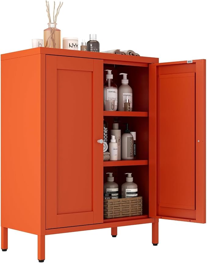 Metal Bathroom Cabinet, Small Floor Storage Cabinet, Freestanding Sideboard with 2 Adjustable Shelves for Living Room, Dining Room, Kitchen (Orange, 31.5" H-2 Doors)