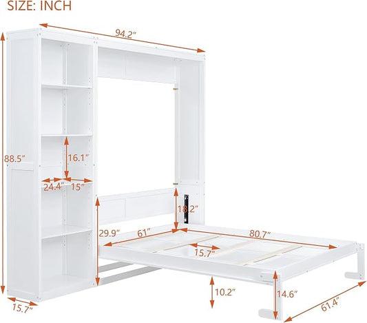 Merax Space-Saving White Murphy Bed Queen Size with Adjustable Storage Shelves, Multifunctional Foldable Wall Bed for Small Spaces Studio Study Office Guest Room