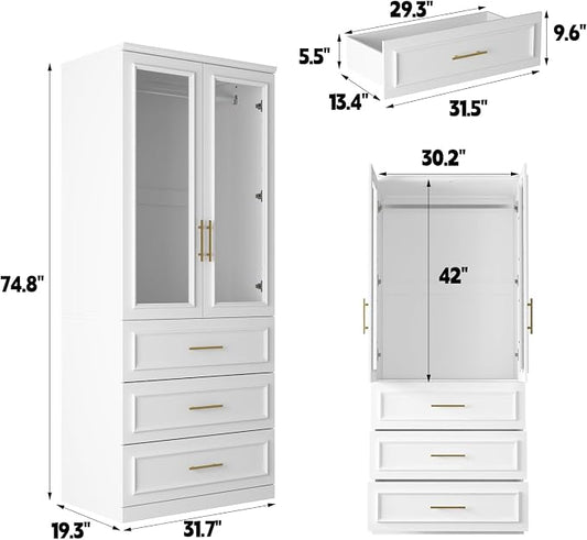 FUFU&GAGA Wardrobe Closet with Glass Doors, 3 Drawers, Modern White Bedroom Armoire with Gold Handles, Modern Clothes Storage Cabinet with Shelf, Hanging Rod, 31.7”W x 19.3”D x 74.8”H