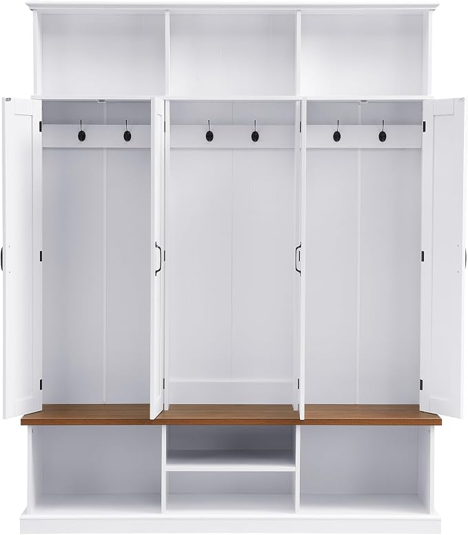 62.2" W Hall Tree with Bench and Shoe Storage,Shoe and Coat Rack with Cabinets and Hooks,Farmhouse Furniture for Entryway,Mudroom,Living Room,White