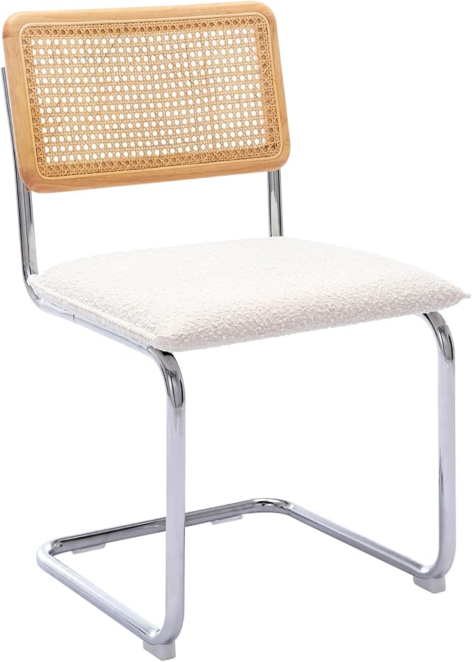 Zesthouse Natural Rattan Dining Chairs Set of 4, Modern Kitchen Chairs with Solid Wood Back for Dining Room Living Room, Mid Century Breuer Design Inspired, Upholstered Boule Fabric, White