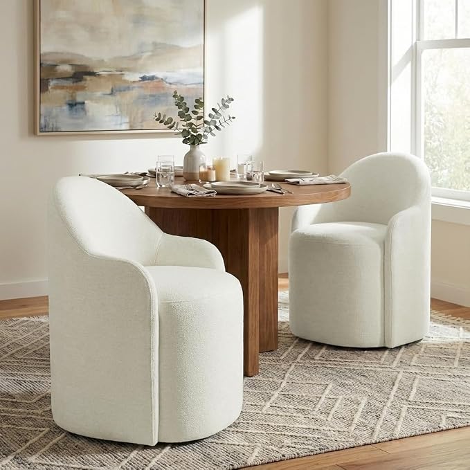 KISLOT Upholstered Dining Chairs with Casters, No Assembly Modern Dining Room Chairs Accent Vanity Chair with 5 Wheels & Round Backrest for Bedroom, Living Room, Dressing, Linen Fabric, Set of 1