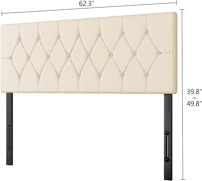 VECELO Tufted Upholstered Headboard Queen Size, with 6 Adjustable Height from 39.8" to 49.8", Button Diamond Design, Easy Assembly, Beige