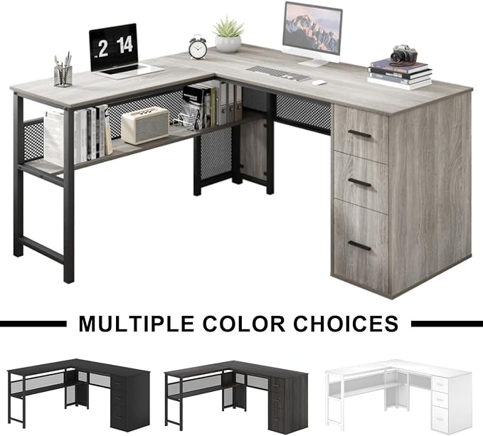 LVB Reversible L Shaped Desk with Drawers, Grey Computer Desk with Storage | 59" Adjustable Modern Executive Office Desks, Adjustable Corner Design for Gaming Spaces and Home Workstations