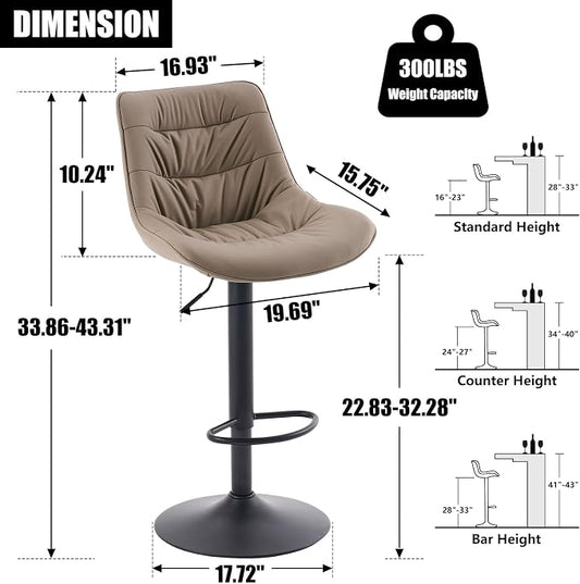 Kidol & Shellder Adjustable Bar Stools Set of 2, Faux Leather Counter Height BarStools with Back and Metal Base, Modern Mid Century Upholstered Bar stools for Kitchen Island Khaki