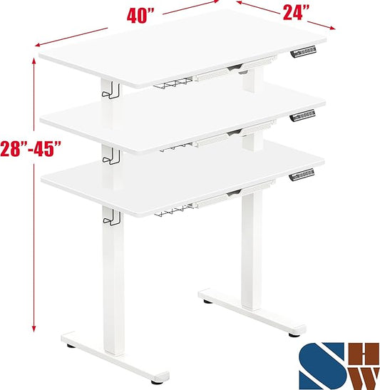 SHW 40-Inch Electric Height Adjustable Standing Desk with Drawer, Memory Preset and Cable Management Tray, White