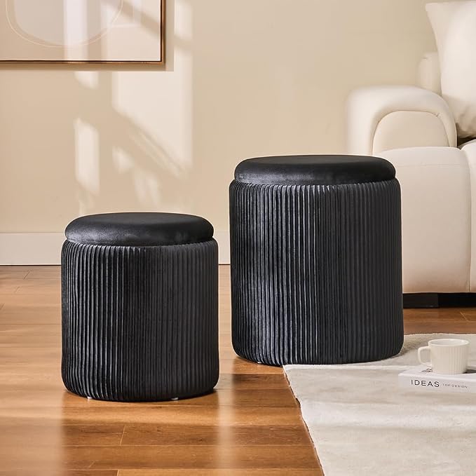 BLEXA Round Set of 2 Ottoman with Storage - Upholstered Velvet Vanity Stool for Makeup Multifunctional Ottomans Coffee Table Padded Seat Foot Rest for Living Room & Bedroom (Black)
