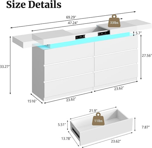 6 Drawer Dresser for Bedroom White Dresser with Hidden Sliding Desktop | Modern Double Wood Chest of Drawers for Closet w/ Charging Station LED RGB Lights Organizer Cabinet TV Stand for Living Room