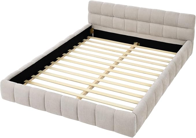 KEIKI Queen Thick Chenille Platform Bed Frame with Upholstered Tufted Headboard, Modern Solid Wood Floor Platform for Bedroom, No Box Spring Needed