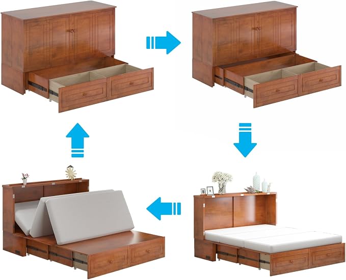 Mjkone Murphy Bed Queen with Tri-Folding Mattress, Queen Modern Cabinet Beds with 2 Storage Drawers & USB Charging Station, Adults Wooden Wall Chest Bed for Apartment Bedroom (Cherry)
