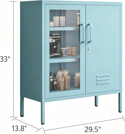 Locking Steel Storage Cabinet Shoe Cabinet for Living Room Bathroom Kitchen Left Glass Door Right Iron Door Blue Size:33" H x 29.5" W x 13.8" D