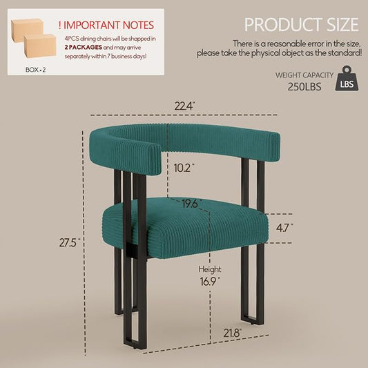 VIRRMO Boucle Dining Chair Set of 4 Corduroy Upholstered Dining Room Chairs Kitchen Chairs with Metal Legs Mid Century Modern Chair for Dining Room, Kitchen (Peacock Green, 4)