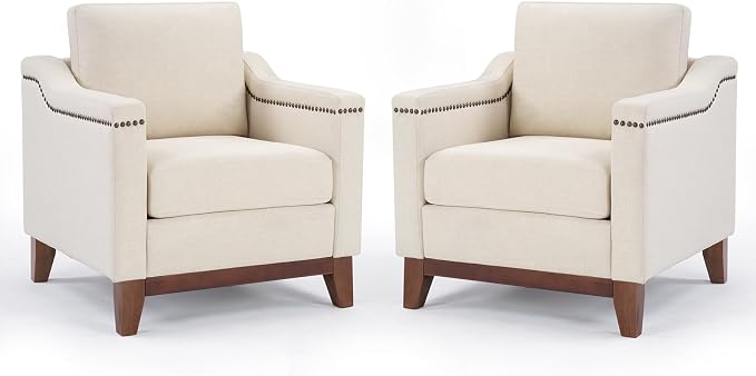 HAOMARKETS Vintage Upholstered Armchair Set of 2 with Nailhead Trim and Solid Wood Legs, Comfortable Accent Chair for Living Room & Bedroom, Beige