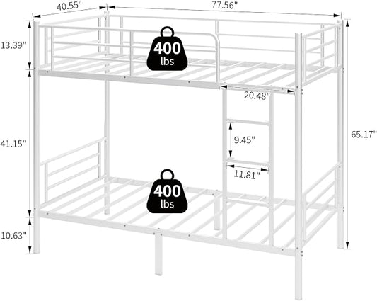 Bunk Bed Twin Over Twin with Ladders and Guardrail,Metal Bunk Bed Frame | Heavy Duty Metal Bunk Beds,400 lbs Capacity,Space Saving Furniture for Bedroom Dorm,No Spring Box Required,White