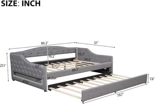 Merax Full XL Size Modern Upholstered Platform Bed with Trundle Bed, Linen Daybed with Wood Slat Support, Storage Bed Frame with Headboard/Gray