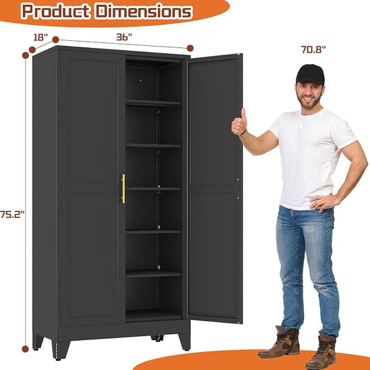 Black Metal Storage Cabinet,75" Steel Cabinets for Home Office, Kitchen Pantry Storage Cabinet with Doors and 5 Adjustable Shelves, Tool Cabinets, for Office, Home, Garage, School, 36W