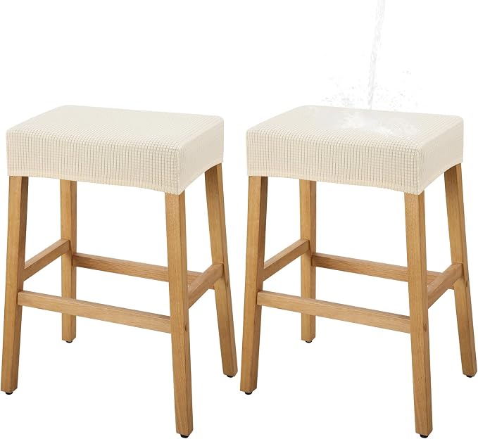 YISUN Stool Covers Rectangle - 2 Pack Stretch Waterproof Saddle Seat Cover Counter Bar Stools Bar Chairs Covers Kitchen Island Chairs Cushion Protector (2, Beige)