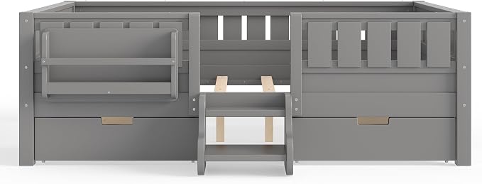 Bellemave Full Kids Montessori Bed with Stairs, Bookshelf and Drawers, Solid Wood Kids Bed Frame with Storage for Boys Girls, Low Profile,Gray