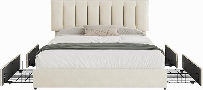 VECELO King Size Bed Frame with 4 Storage Drawers, Adjustable Height Headboard, Heavy-Duty Bedframe with Strong Wooden Slats, No Box Spring Needed, Pale Beige