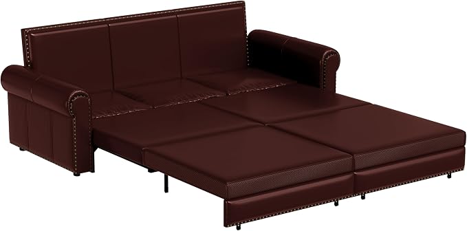 93.7" King Size Sleeper Sofa Bed, Pull Out Sofa Bed, Faux Leather Upholstery, 3 in 1 Convertible Sleeper Couch, Chaise Lounge, Retro Recliner for Living Room, Office, Apartment, Burgundy
