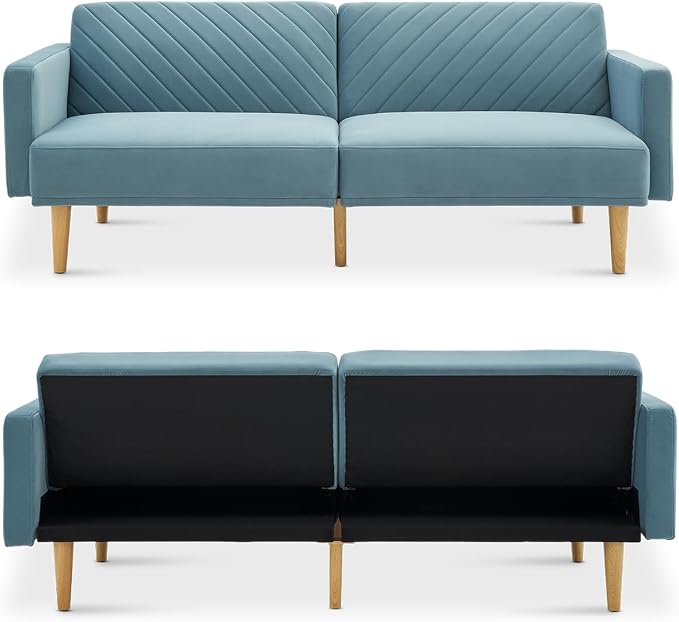 mopio 76.4" Futon Sofa Bed, Couch, Loveseat, Sleeper Sofa, Mid Century Modern Futon Couch, Sofa Cama, Couches for Living Room (Sky Blue Premium Velvet)