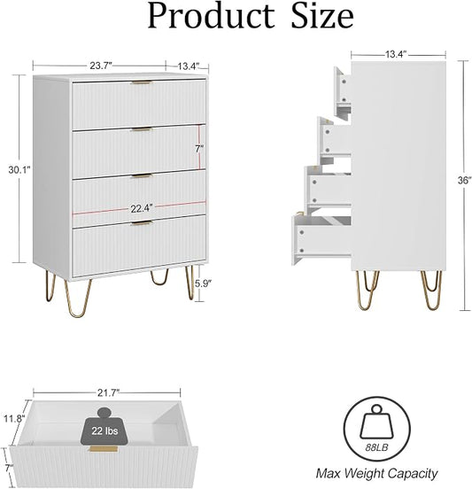 Masupu 4 Drawer Dresser, Drawer Chest, Tall Storage Chest Cabinet Organizer Unit with Metal Legs, Small Dresser for Bedroom, Living Room, Closet, Hallway White Stripe