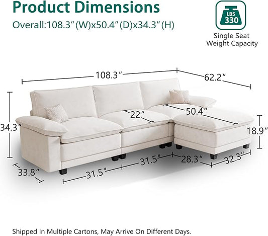 Modern L Shaped Sofa Couches for Living Room, Modular Sectional Cloud Couch with Movable Ottoman, Comfy Chenille Sofa for Apartment and Small Space, Beige