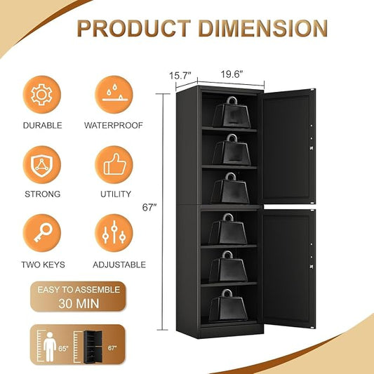 Tall Metal Narrow Bathroom Storage Locker Cabinet 67" H, Tall Black Pantry Cabinets with 4 Adjustable Shelves and 2 Lockable Doors for Kitchen, Home Office, Living Room, Dining Room