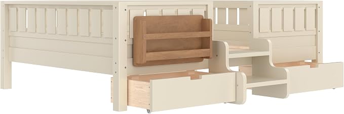 Bellemave Full Size Kids Bed with high Rails and with Built-in Bookshelf and Drawers for Kids, Girls, Boys, Wood Montessori Bed Without Door, Beige