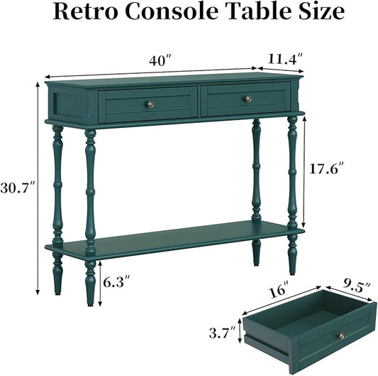 ARTPOWER Console Table for Entryway with 2 Drawers-Minimal Assembly,Green Retro Entryway Table with Storage Cabinets and Open Shelf,Narrow Long Couch Table Behind Sofa for Living Room,Foyer,Hallway