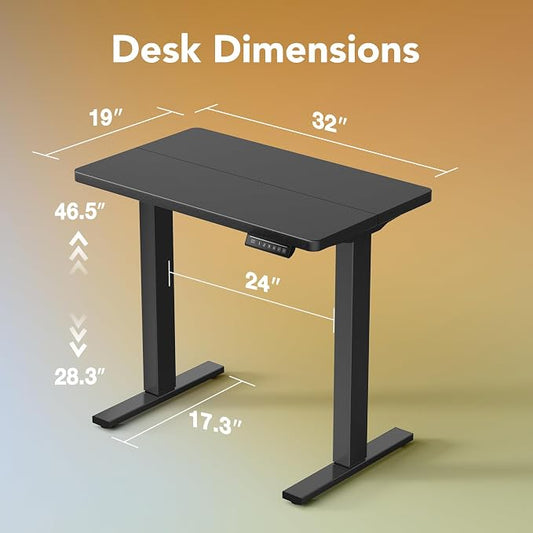 HUANUO 32x19 Inch Small Electric Standing Desk, Adjustable, Black | Compact Home Office Desk, 176lbs Heavy Duty Lifting with 4 Height Presets. M8 Screw Holes Ready for DIY Mobile Wheels