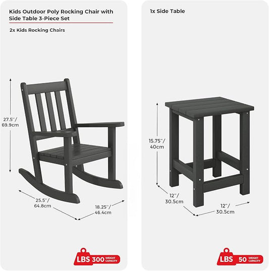 Costaelm Paradise Kids 3-Piece Outdoor HDPE Plastic Square Side Table and Rocking Chairs Set, Gray