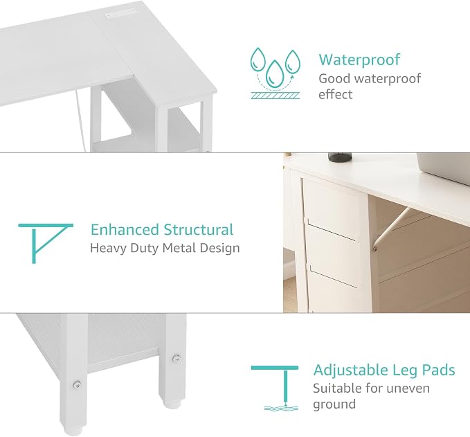 Lufeiya White L Shaped Computer Desk with Drawers & Storage Shelves, 47 Inch Corner Reversible Desk with Power Outlet for Home Office Bedroom, L-Shaped Teen PC Desks with Fabric Drawer, White